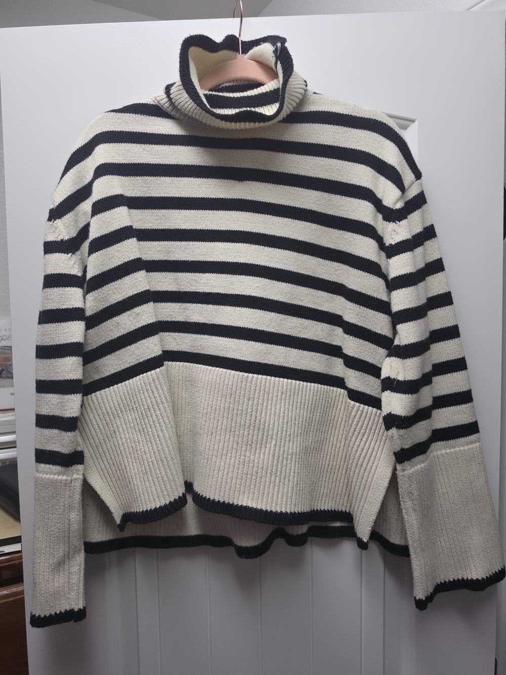 Karen Scott Black and Cream Striped Turtleneck Sweater